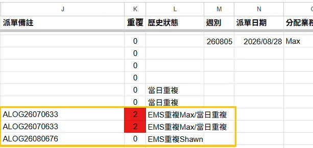 Kevin 最新 SOP：總表 J～O 欄的重複／歷史狀態細節，示範 EMS重複、EMS查無資料、當日重複。