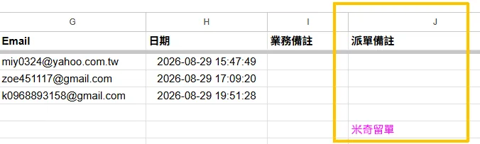 Kevin 最新 SOP：若有留單，在總表 J 欄標記「米奇留單」的局部示例。