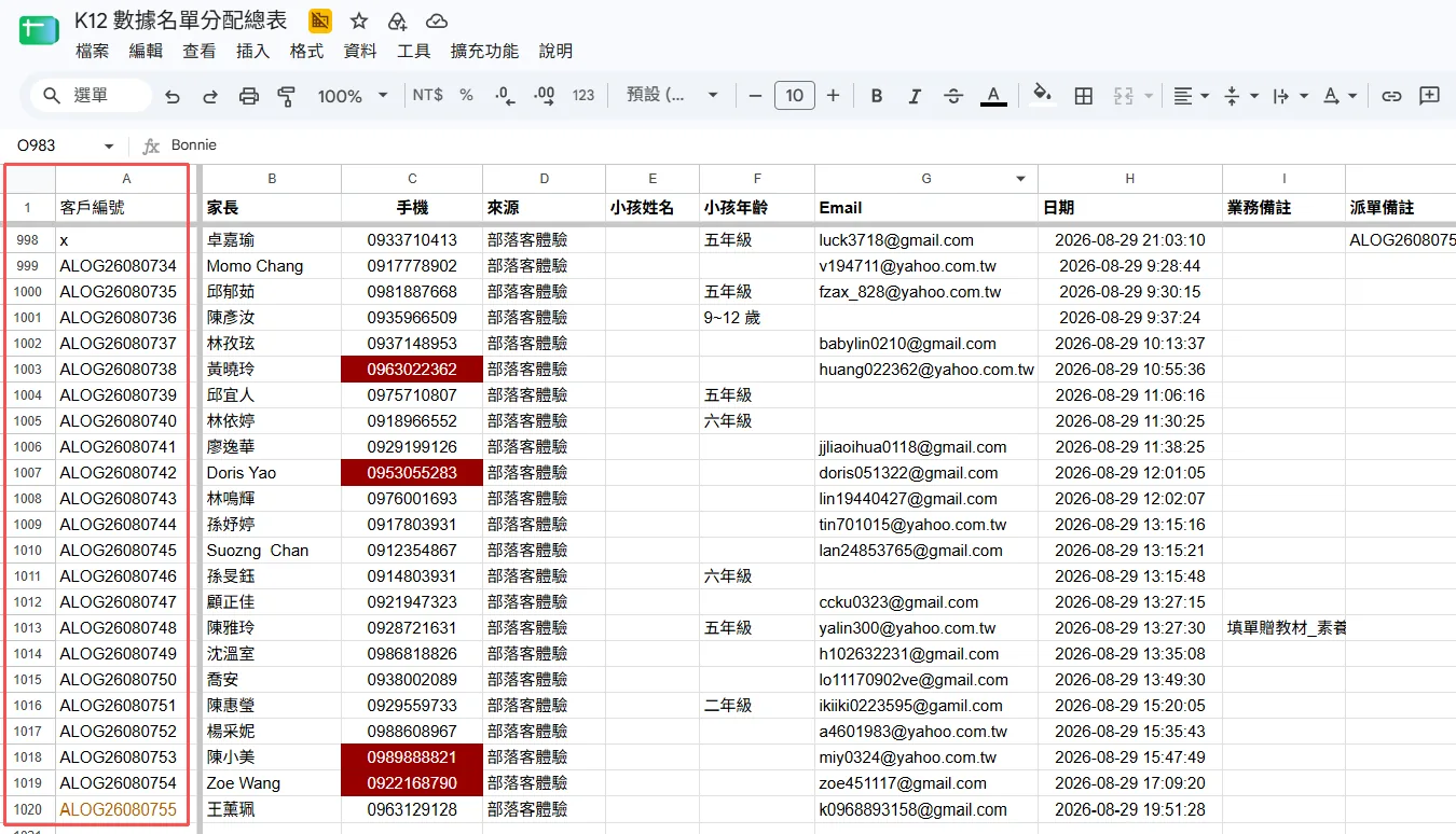 Kevin 最新 SOP：總表當日最後一筆 A 欄客戶編號改咖啡色，其餘為黑色。